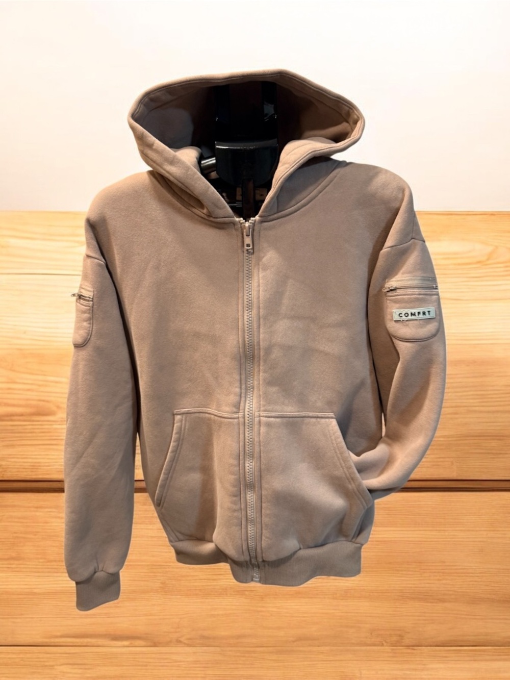 Comfrt Good Days Ahead Zip Up Hoodie Taupe XS Oversized Utility Sleeve Pockets